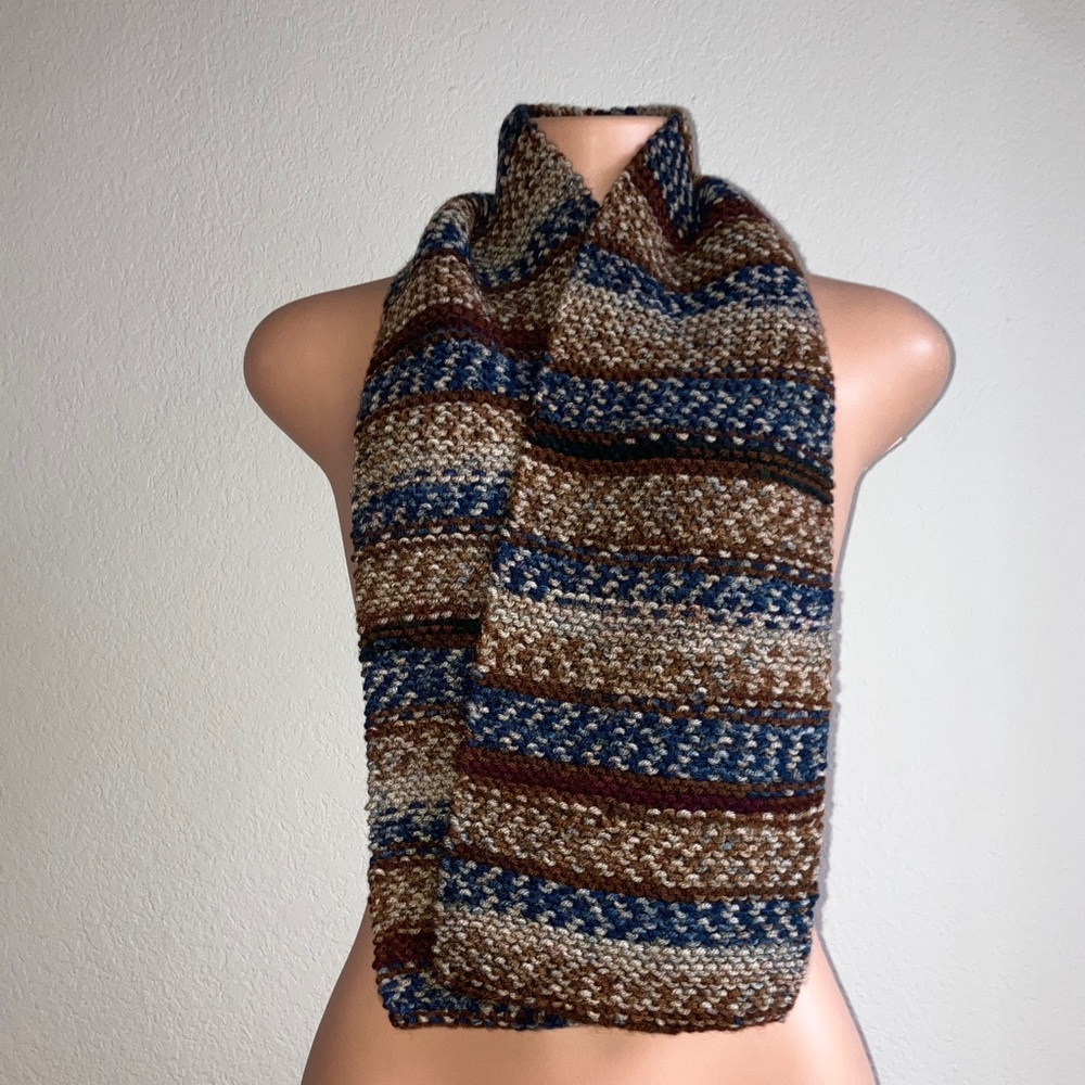 Hand Knit Striped Multicolor Brown and Blue Scarf